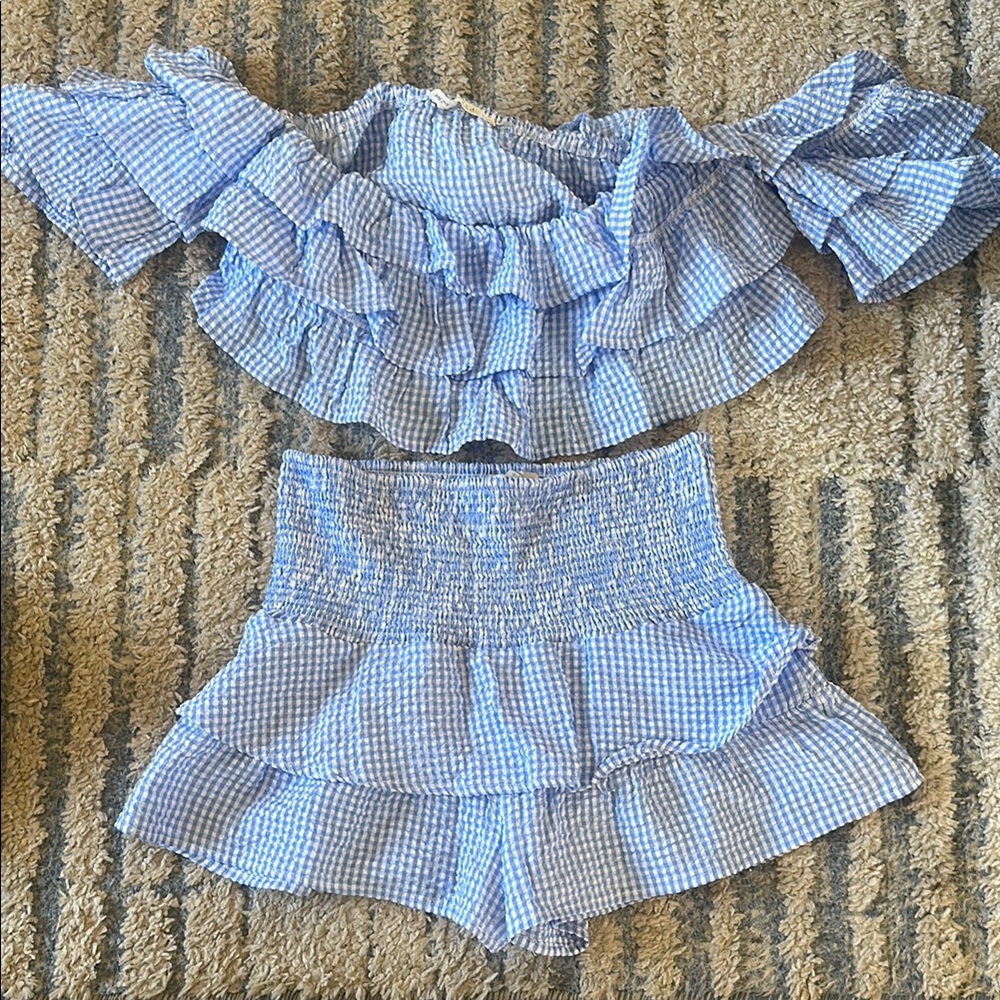 Blue Gingham Off-Shoulder Top and Shorts Set